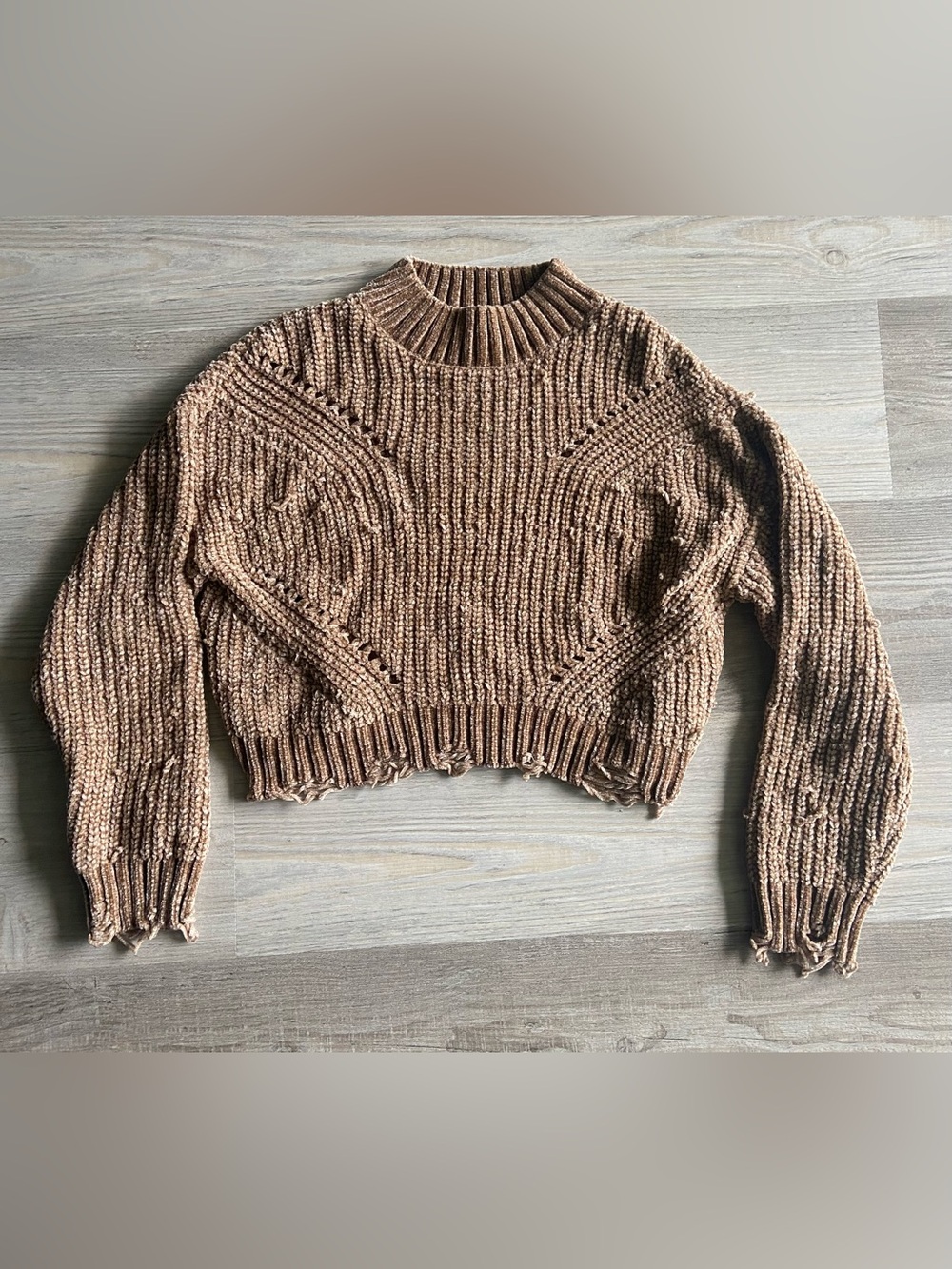 Almost Famous Distressed Chenille Cropped Sweater Brown Size M